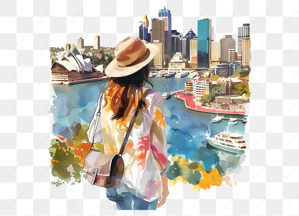 13736_水彩画女孩望着海边的城市透明PNG.jpg