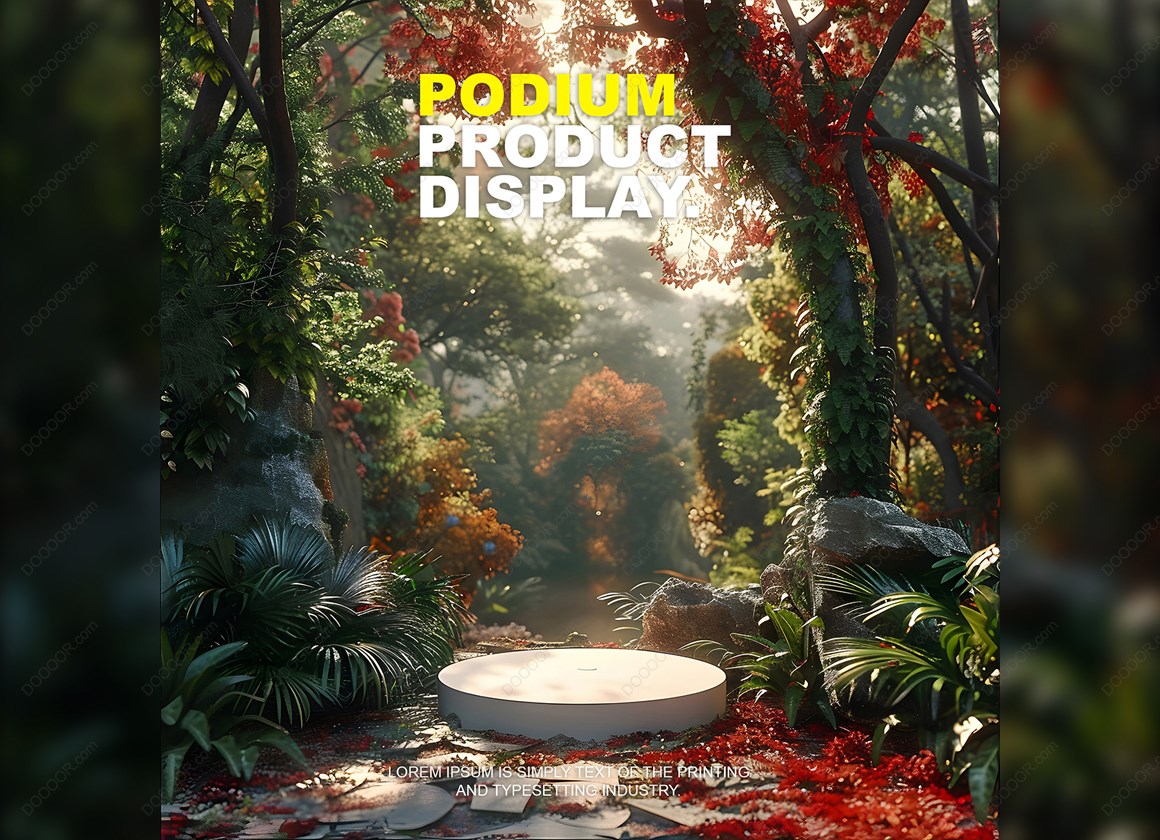 14919_树林自然光线鲜花树林点缀岩石底座PSD产品展示.jpg