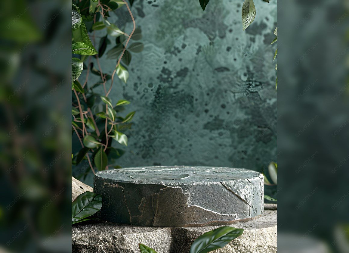 14997_斑驳石墙绿植点缀岩石底座PSD展示台样机.jpg