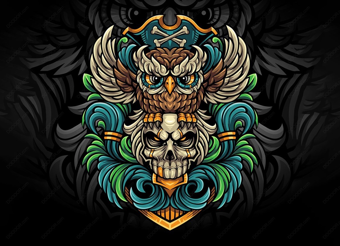 15703_猫头鹰和骷髅的图案矢量LOGO素材.jpg