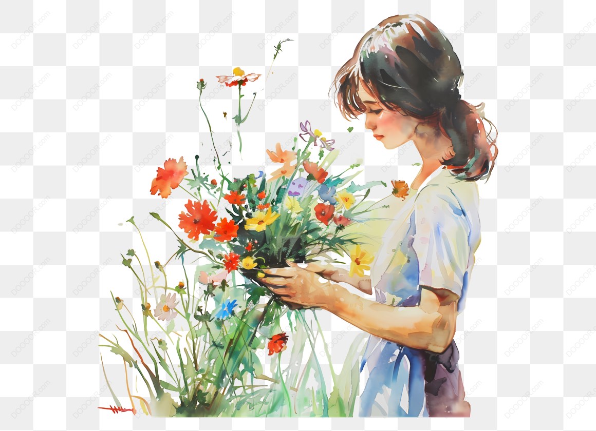 12813_女子手捧鲜花插画.jpg