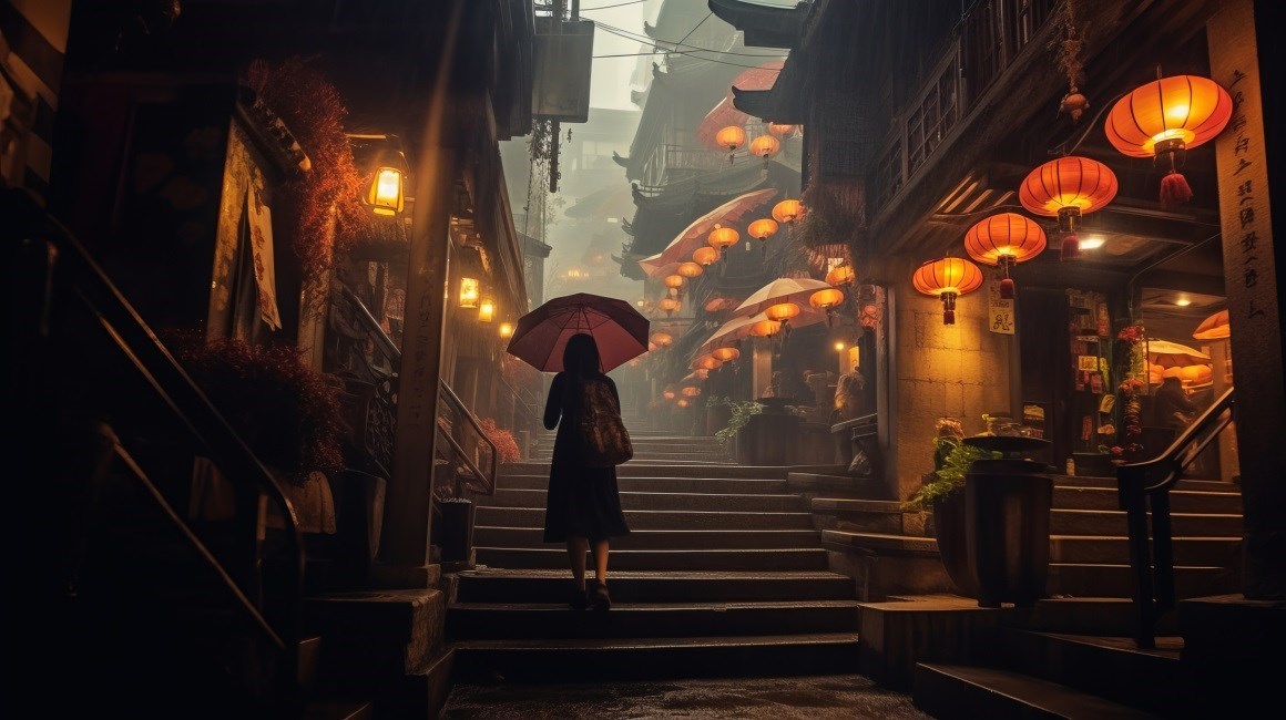 01846_彩灯亚洲伞伞美女楼梯灯光建筑.jpg