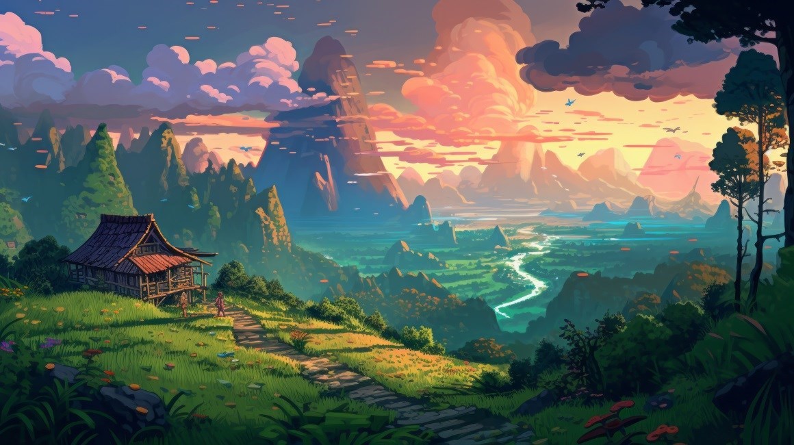 01873_插图景观山谷木屋云草花朵自然树天空树叶.jpg