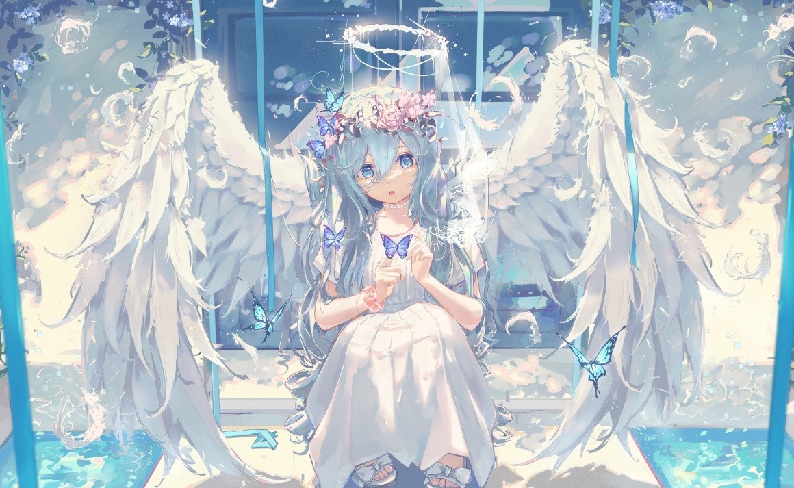 02018_动漫女孩蝴蝶翅膀天使花冠裙子白色礼服坐着.jpg
