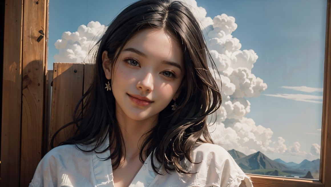 02591_美女微笑云朵黑发天空山脉.jpg