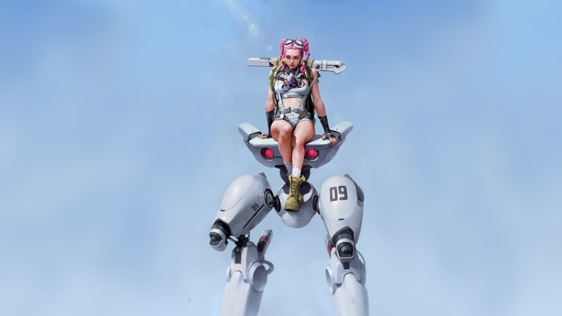 02721_赛博朋克机器人蓝色背景粉红色头发辫发机甲.jpg
