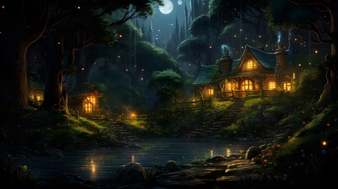 02743_森林萤火虫村舍夜晚水月树木楼梯灯光天空建.jpg