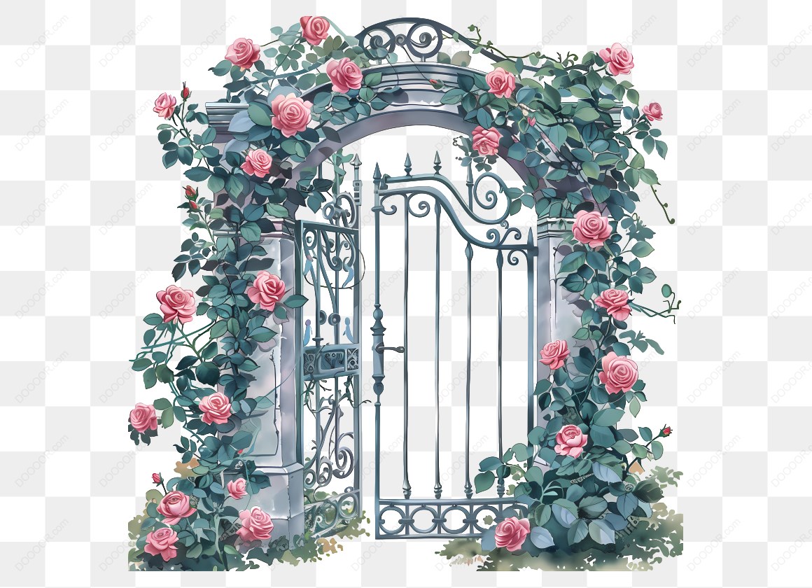 14888_铁门上缠绕粉色玫瑰.jpg