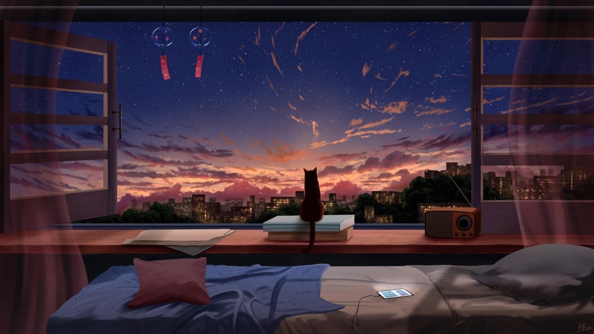02951_插图日落天空云星星窗户内部的城市城市景观.jpg