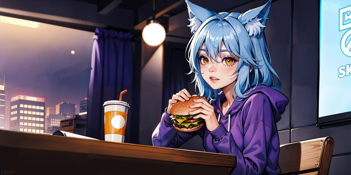 03109_紫色连帽衫伯格斯动漫女孩饮水城市椅子猫女.jpg