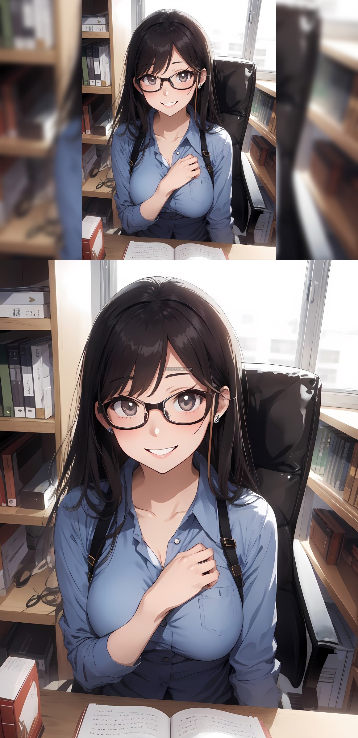 03209_动漫女孩女职员肖像眼镜微笑椅子长发阳光深.jpg