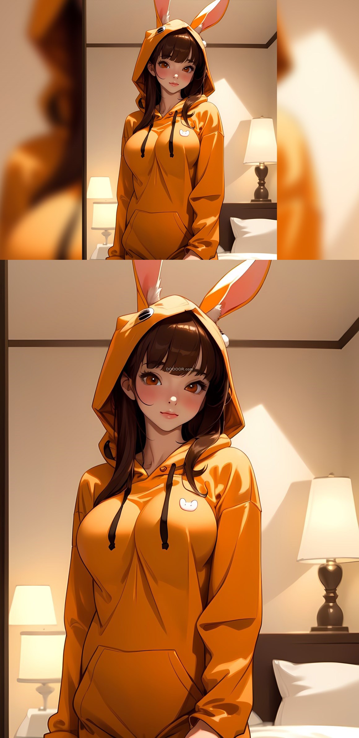 03214_动漫女孩睡衣兔子耳朵草帽长发深褐色肖像发.jpg
