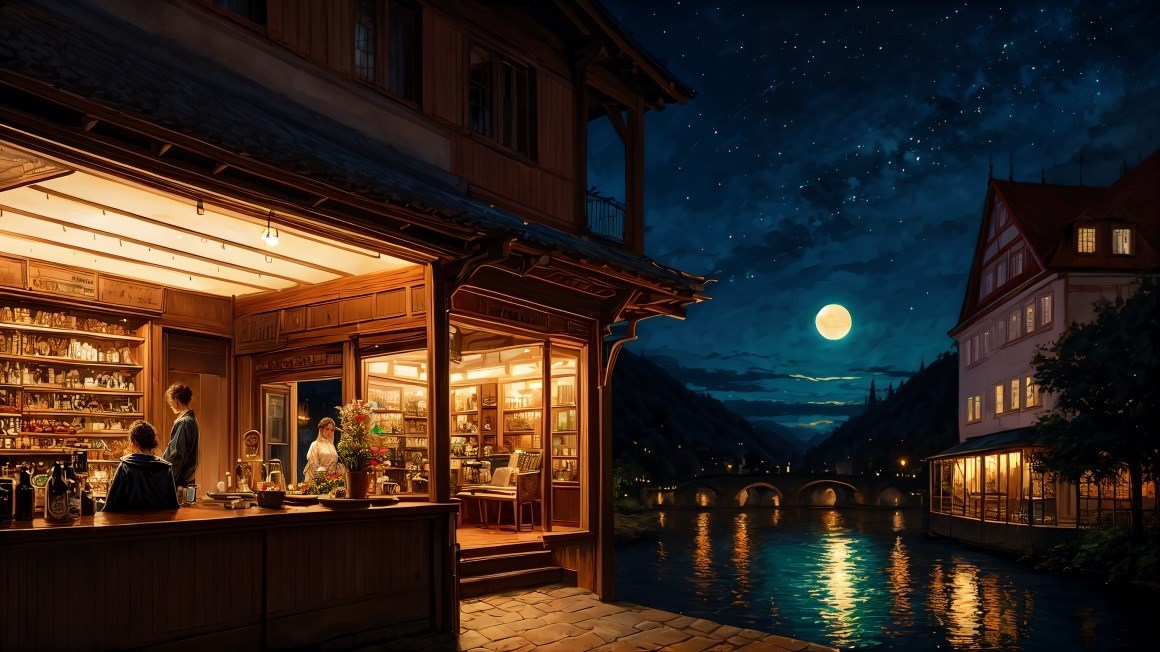 03242_房子夜晚天空星路灯温暖田园诗河边村庄满月.jpg