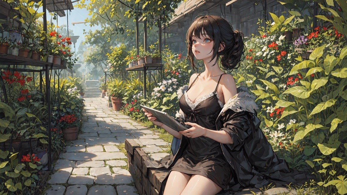 03349_美女花园黑发蓝眼睛黑色外衣尾便装抬起头动.jpg