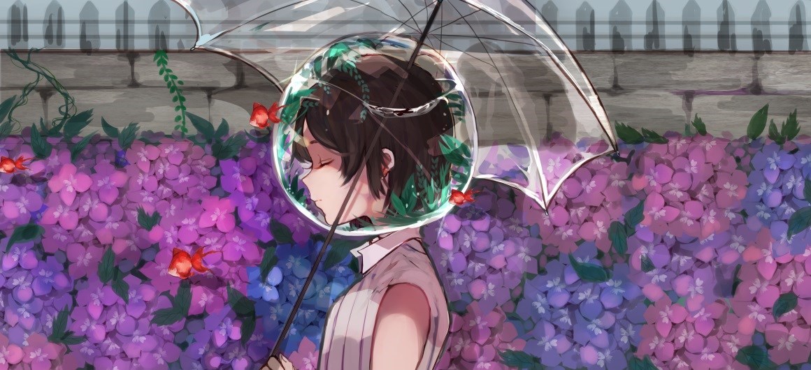 03407_动漫女孩伞花朵鱼闭着眼睛短发黑发水.jpg