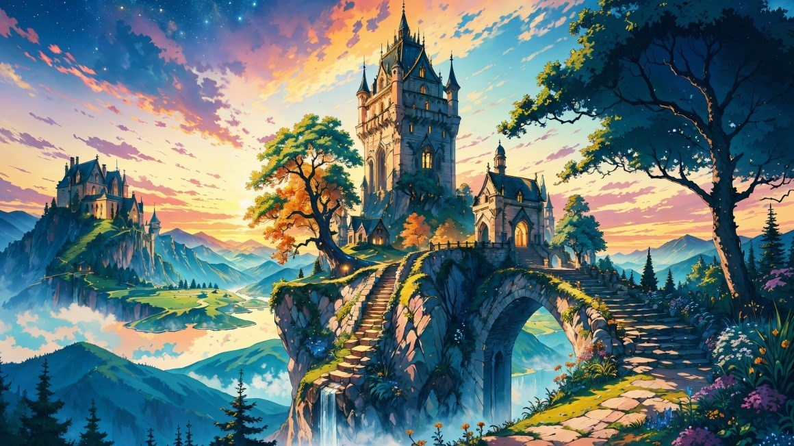 03446_数码艺术建筑树木山脉天空云朵桥水瀑布楼梯.jpg