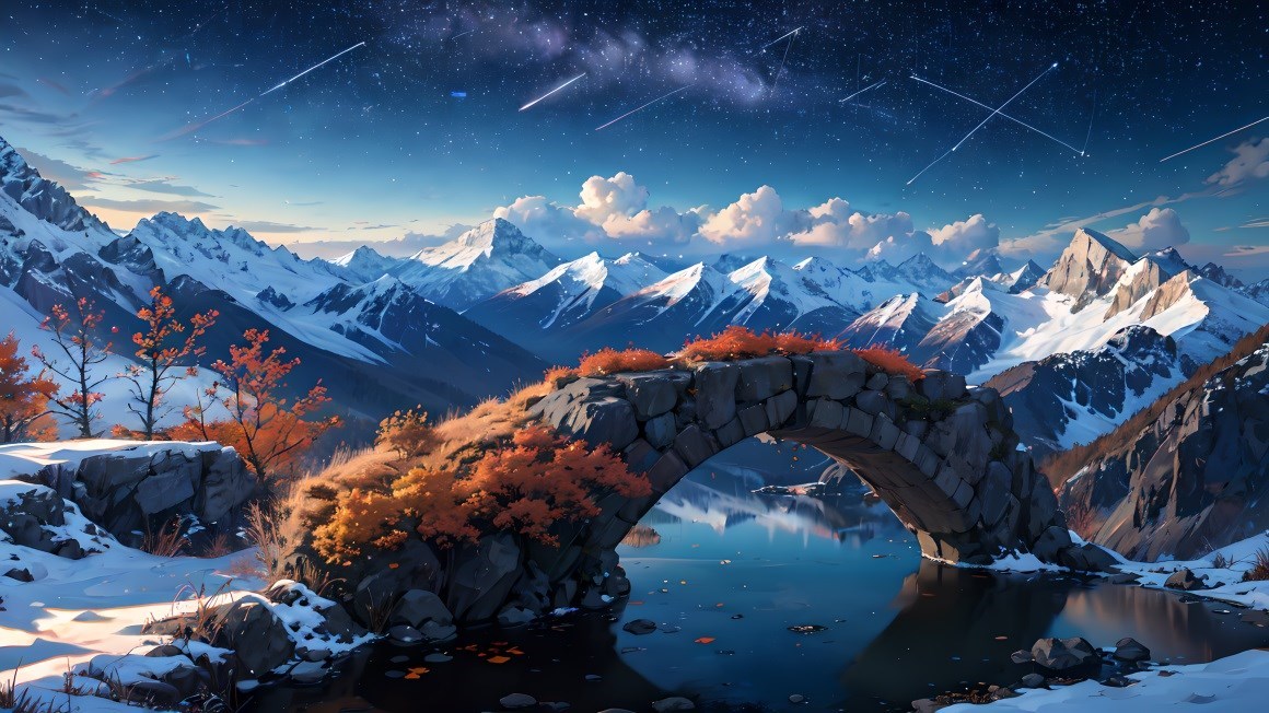 03503_雪峰水拱桥雪山脉枫叶自然界雪反射星星夜天.jpg