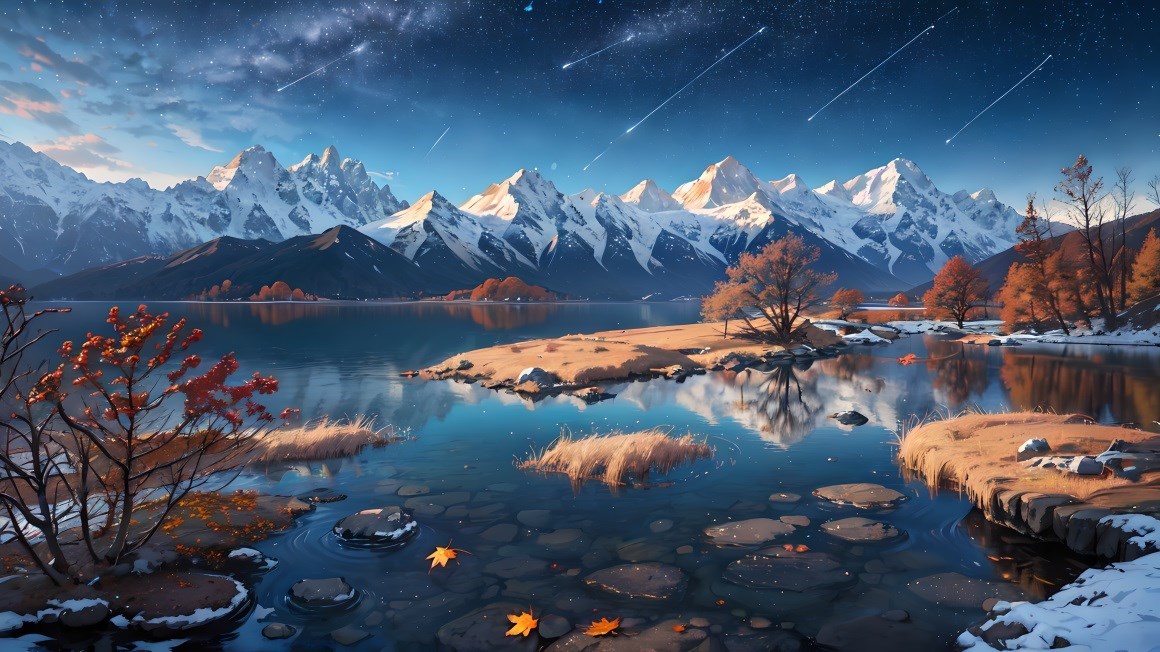 03504_雪峰水积雪覆盖山枫叶自然反射树叶天空星夜.jpg