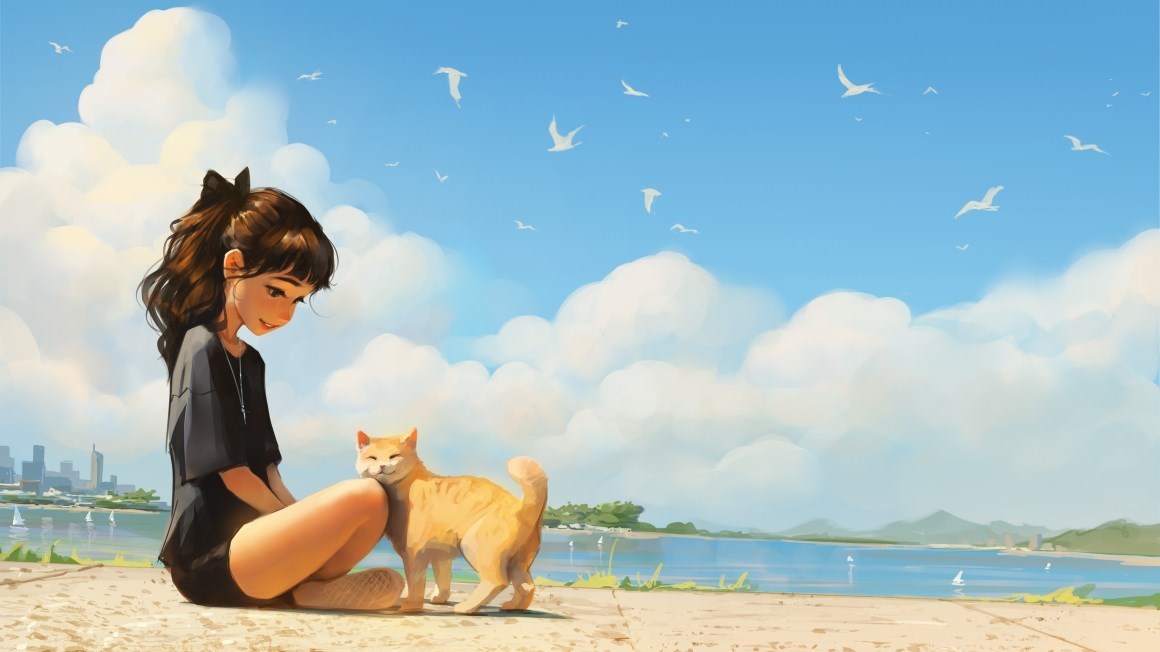 03510_猫马尾辫海滩女孩坐在地上天空云水坐着微笑.jpg