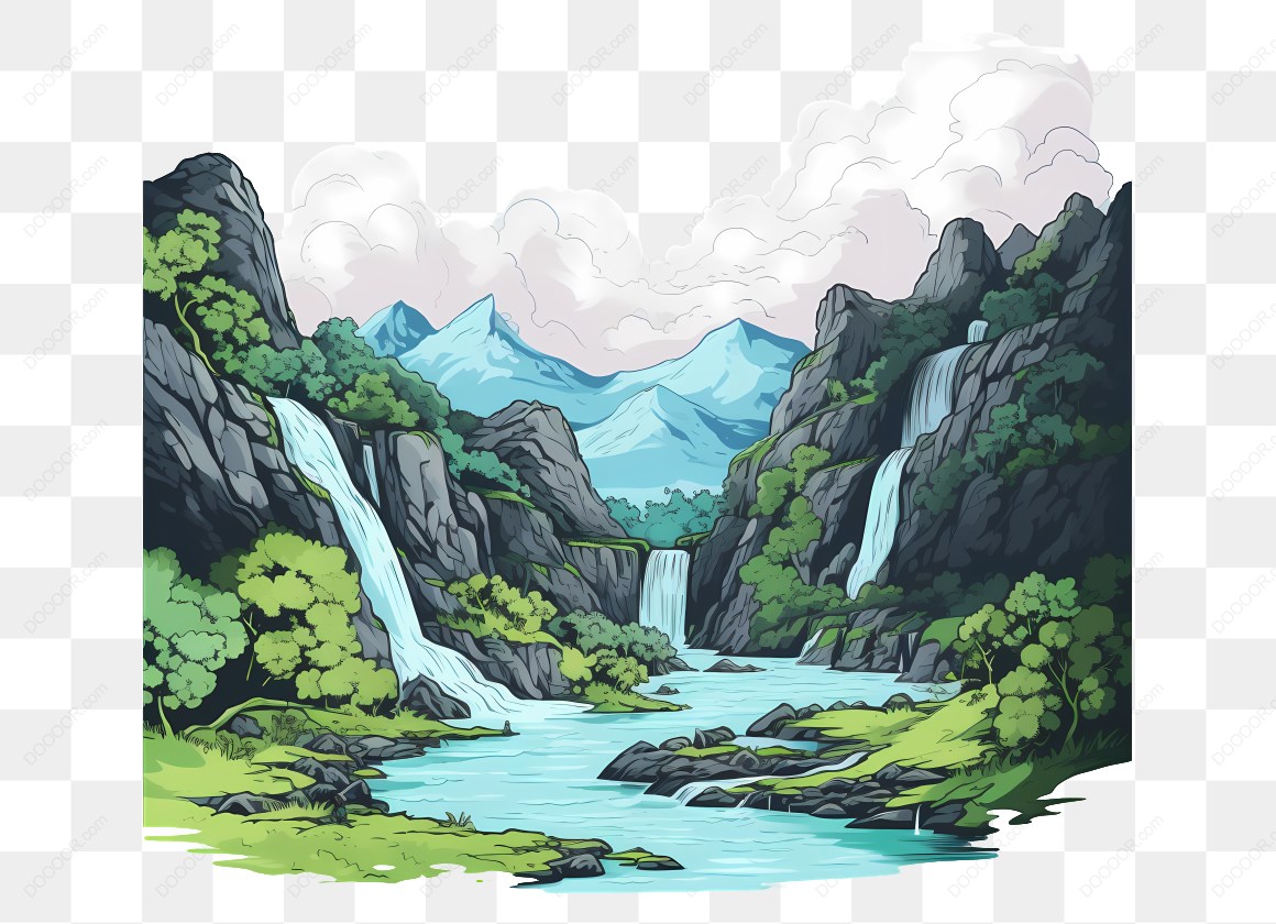 16489_瀑布和山川景观插画.jpg