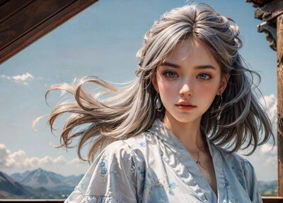 美女毛发天空云朵山脉长发风吹头发