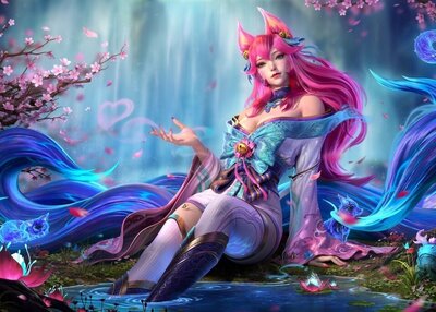 英雄联盟香鱼画画美女阿狸粉红色头发裙子九
