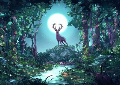 克里斯蒂安贝纳维德斯幻想鹿月亮夜晚森林溪