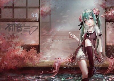 日本动画片动漫女孩初音未来梦幻背景粉色樱花