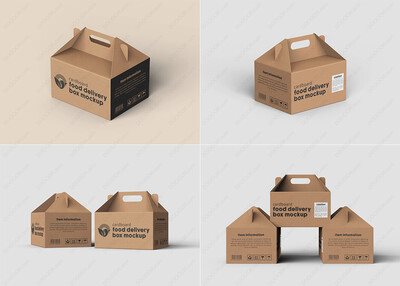 一次性棕色牛皮纸食品配送盒包装模型PSD样机