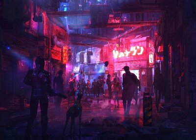 赛博朋克数字的科幻3D街道狗机器人人们粉