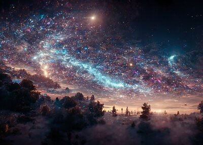 梦幻般的夜空与闪闪发光的星星在迷雾笼罩的