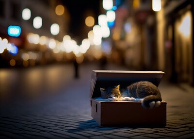冬天雪城市圣诞节散景猫盒子街道小猫灯城市