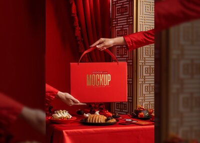 红色中式糕点礼盒样机模型
