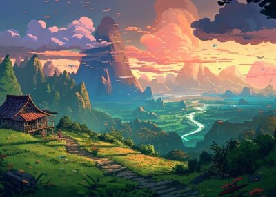 插图景观山谷木屋云草花朵自然树天空树叶