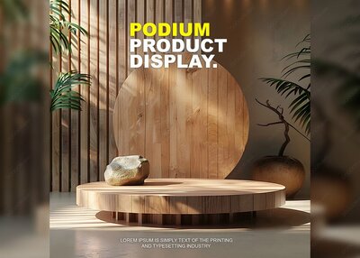 绿植点缀棕色栅格板圆型PSD展示台样机