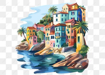 海边的彩色房屋插图
