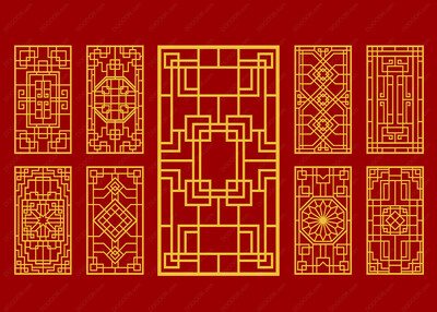 9款传统中国红金色门窗装饰图案矢量边框素材