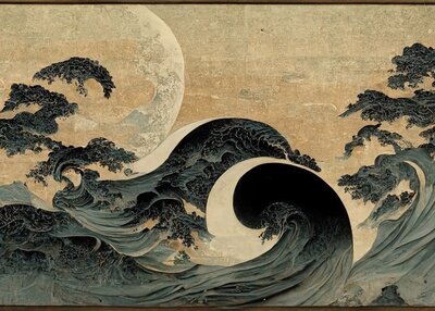 以旧日式绘制的大海浪和月亮