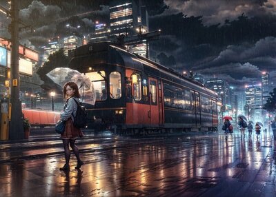 都市夜晚下雨美女火车建筑天空城市灯光摩天