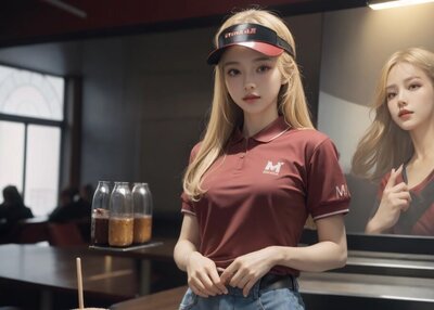 金发餐馆美女帽子饮水灯光