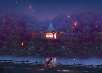 亚洲建筑湖路自行车灯笼森林夜晚