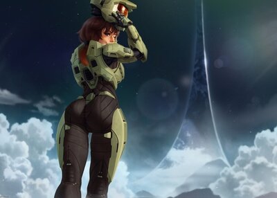 士官长光环空间绿色盔甲马尾辫