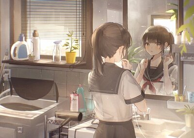 动漫女孩奥尤尤在浴室里耳机眼泪黑发马尾辫