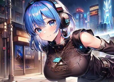 动漫女孩朋克城市户外短发蓝眼睛蓝头发耳机