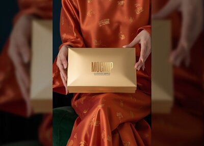 金色长方形礼品盒橙色丝绸背景