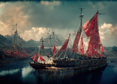 多云天空下海上的旧船