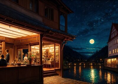房子夜晚天空星路灯温暖田园诗河边村庄满月