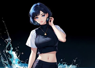 动漫女孩黑发角色设计蓝眼睛耳环项链水短发