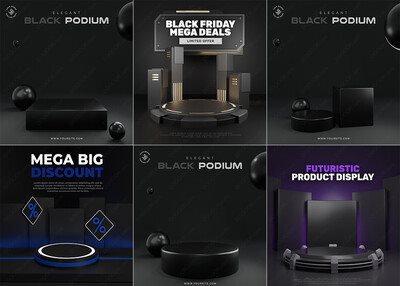 6种黑色风格未来派造型3D产品展示台样机PSD模型