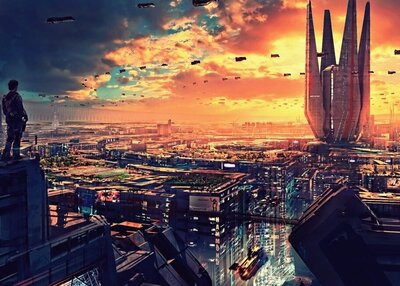 未来城市科幻城市景观未来派的日落处理
